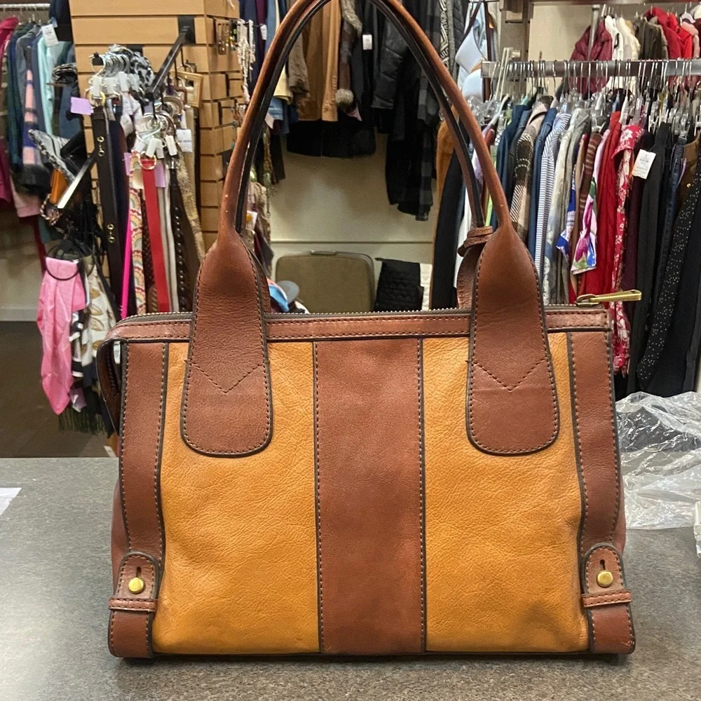 Fossil Two-Tone Tan and Brown Leather Satchel with Key Charm